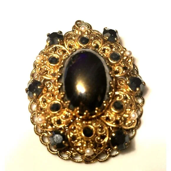 WEST GERMANY BLACK HEMATITE PEARL GOLD FILIGREE PENDANT & CLIP ON EARRINGS SET - Picture 6 of 12